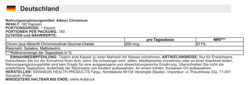 [Australia] - Swanson - Albion Chelated Chromium 200 mcg | Blood Sugar and Metabolism Support - 180 Capsules 
