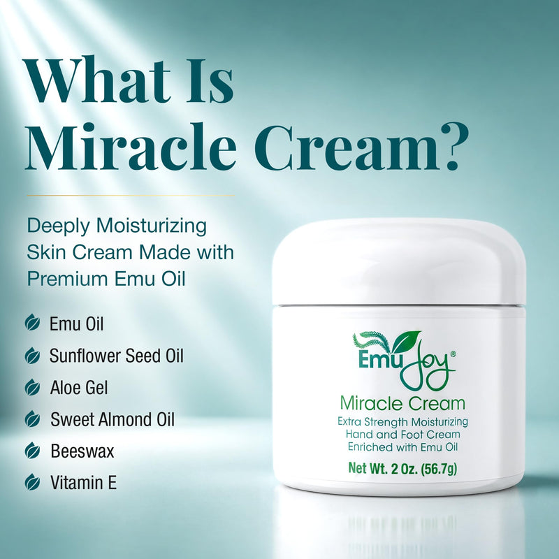 Emu Joy Miracle Cream - Emu Oil Hand & Foot Cream For Cracked Heels - 2 oz | Extra Strength Cream With Emu Oil, Lanolin & Beeswax For Hands, Feet, Elbows and Knees With Rich Moisturizing Care