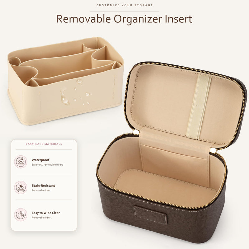 Makeup Bag Travel Toiletry Leather Cosmetic Case, Waterproof Makeup Organizer with Brush Holder, Wipe Clean Removable Divider Vanity Train Bag for Women, Coffe