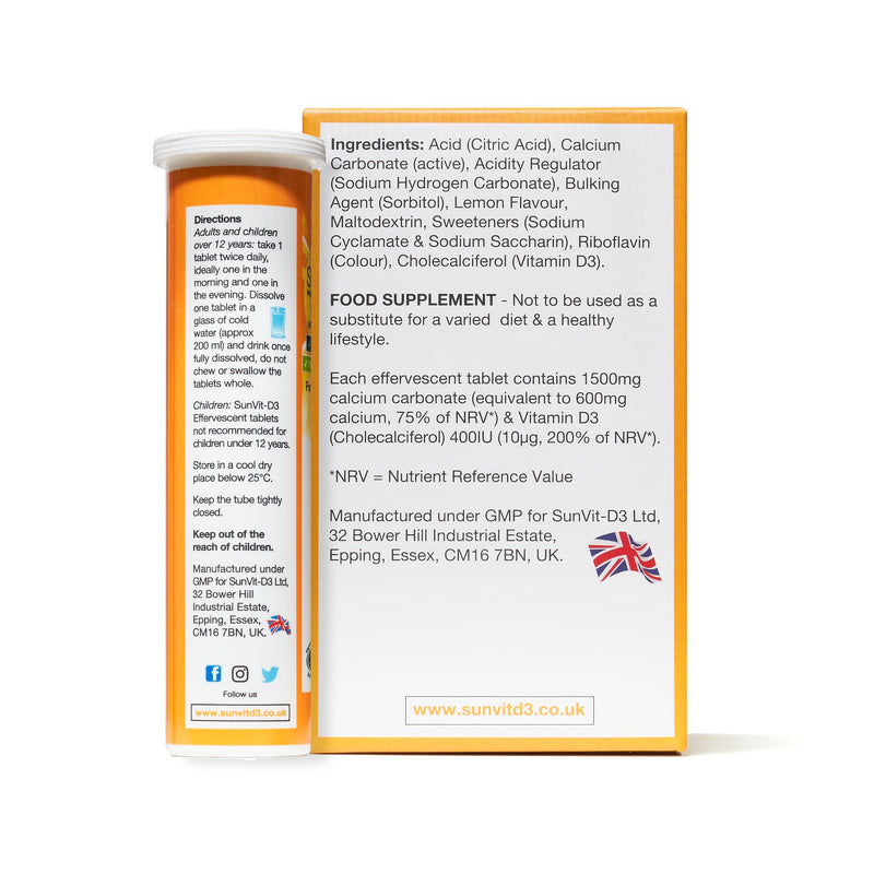 Sunvit-D3 Dissolvable Effervescent Lemon Calcium Fizzy Tablets 600mg, with Vitamin D3 400IU Daily Support for Strong Bones & Immune Health, Effervescent Calcium and Vitamin D Tablets 14 X 4 Tubes