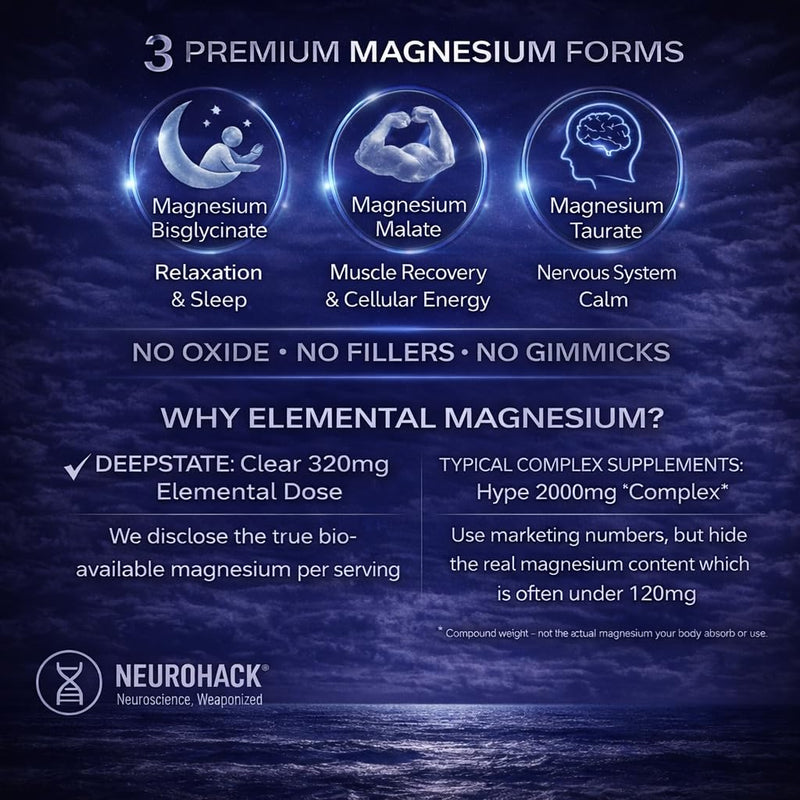 Deepstate Triple Magnesium Glycinate Complex 3-in-1, Bisglycinate, Malate, Taurate, 320mg Elemental, High Strength Sleep Supplement, 120 Capsules