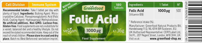 Greenfood Folic Acid, 1000 µg, Extra high dose, 180 Tablets - Plays a Role in the Cell Division Process, contributes to Normal Blood Formation and Maternal Tissue Growth During Pregnancy. Vegan.