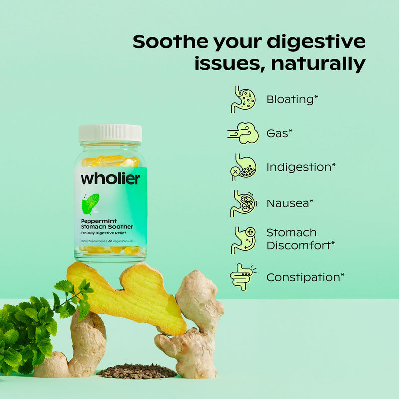 [Australia] - wholier Peppermint Oil, Ginger Root Oil for Bloating Relief, Nausea Relief, Upset Stomach Relief + Gut Health. Daily Herbal Supplement. Peppermint Stomach Soother. (60 Vegan Capsules) Glass Bottle 