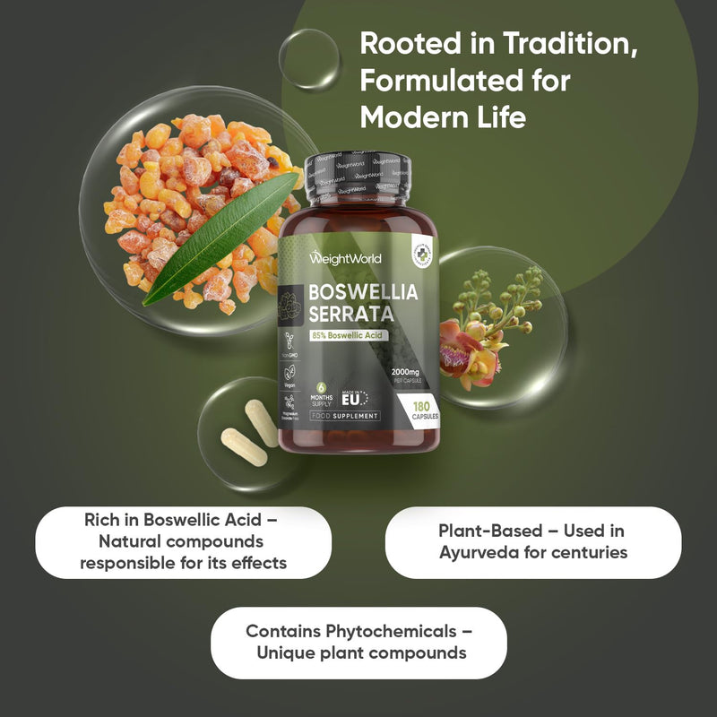 Boswellia Serrata Extract | 85% Boswellic Acid | 180 Capsules | 6 Months Supply | 2000mg per Capsule | 5:1 Extract | Indian Frankincense Resin | Magnesium Stearate-Free & Vegan | 1 a Day | Made in EU