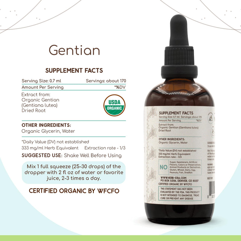 Gentian USDA Organic – Alcohol-Free Bitter Drops for Digestive & Liver Support, Gentiana Lutea Dried Root, Appetite Wellness, Vegan, Herbal Supplement (4 fl oz) 4 Fl Oz (Pack of 1)