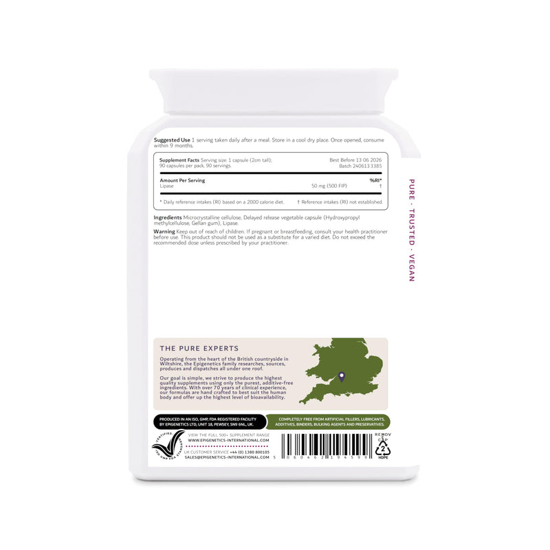Lipase DR (Delayed Release) 50mg | Digestive Enzyme Supplements for Gut Support | 90 Vegan Friendly Delayed Release Capsules UK Made | 3 Months Supply