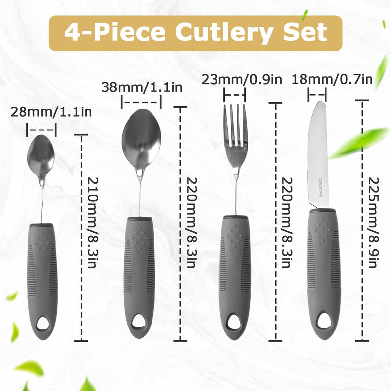 4 Piece Parkinson Cutlery Stainless Steel with Storage Bag, Handle Thickening Cutlery, Senior Cutlery for Disabled Arthritis Parkinsons Elderly or People with Tremors