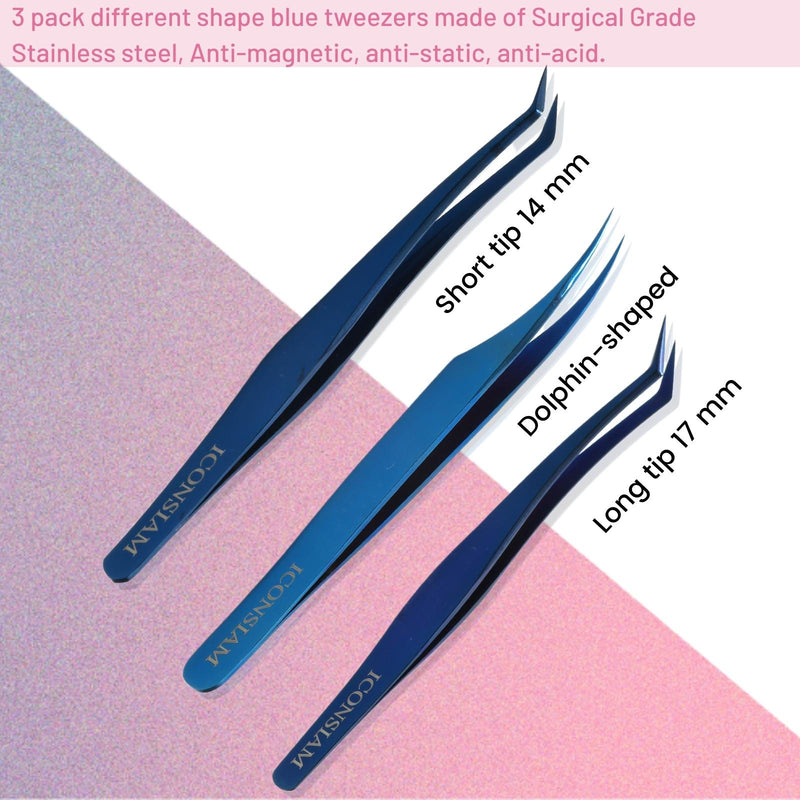 Eyelash Extensions Tweezers 3 Pieces Dolphin Shaped Tweezers and Curved Tip Tweezers for Eyelash Extensions Precision Lashes Tweezers Professional Tools for Isolation Classic Tweezers Blue-classic Tweezers 3 Pcs