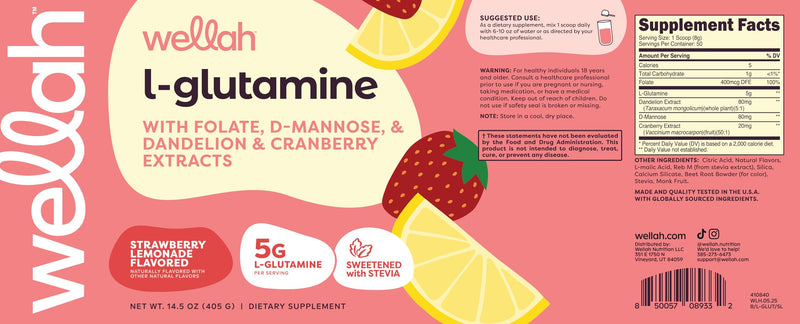 [Australia] - Wellah L-Glutamine Strawberry Lemonade Flavored (50 Servings) - 5g L-Glutamine Per Serving, Sweetened with Stevia 