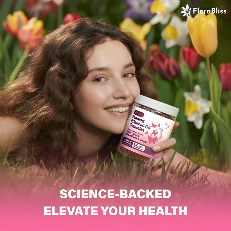 [Australia] - FloraBliss 120 Evening Primrose Oil Gummies | 1500mg | with Black Cohosh, Chasteberry, Ginger Extract for PMS & Menopause Support, Hormonal Balance | Vegan, Non-GMO, Sugar-Free 1 Count (Pack of 120) 