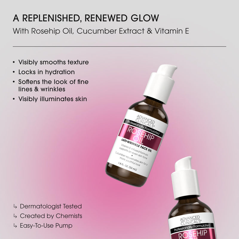 Advanced Clinicals Rosehip Oil For Face With Vitamin E + Botanicals Helps Improve Look Of Dark Spots, Wrinkles, Fine Lines, & Uneven Looking Skin Tone | Moisturizing Skin Care Face Serum, 1.8 Fl Oz 1.8 Fl Oz (Pack of 1) Rosehip Oil Serum