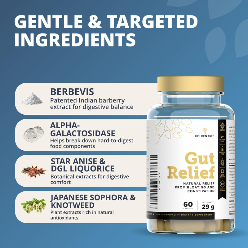 Golden Tree Gut Relief – Herbal Supplement with Chinese Star Anise, Licorice Root and Enzyme Blend – Quercetin & Trans-Resveratrol – 60 Vegetarian Capsules 60 count (Pack of 1)