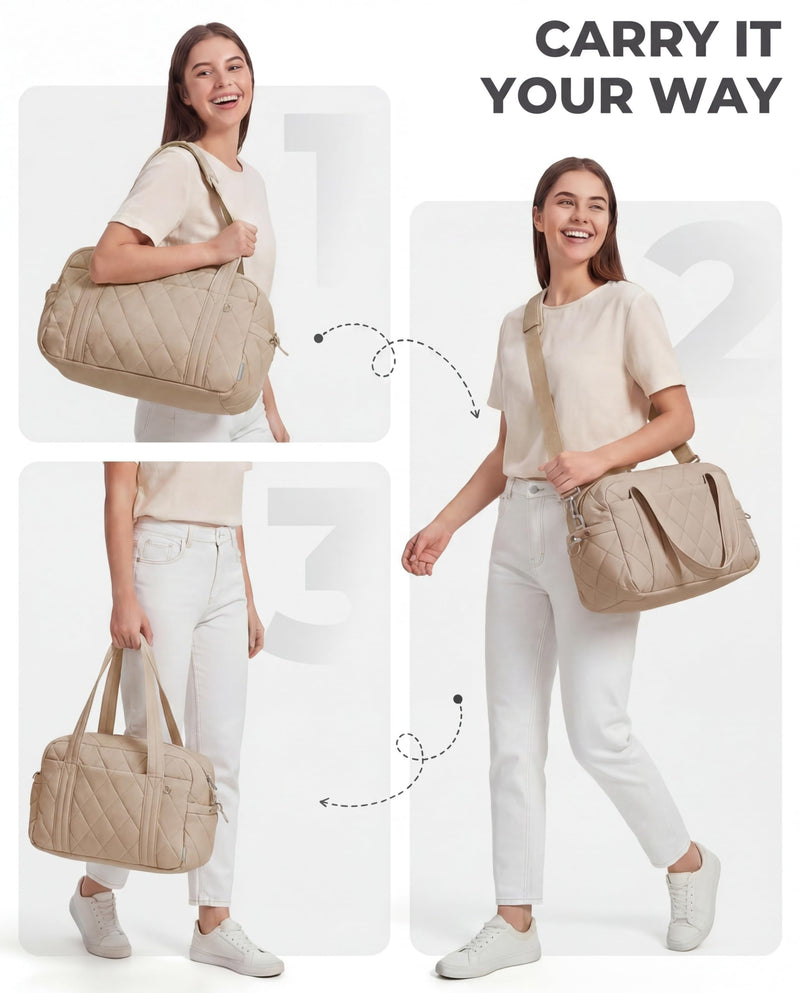 Percover Weekender Bag for Women, Ultra Lightweight Travel Duffle, Carry On Personal Item Overnight Bag with Toiletry Pouch & Compartments, Quilted Gym & Travel Bag, Camel Tan