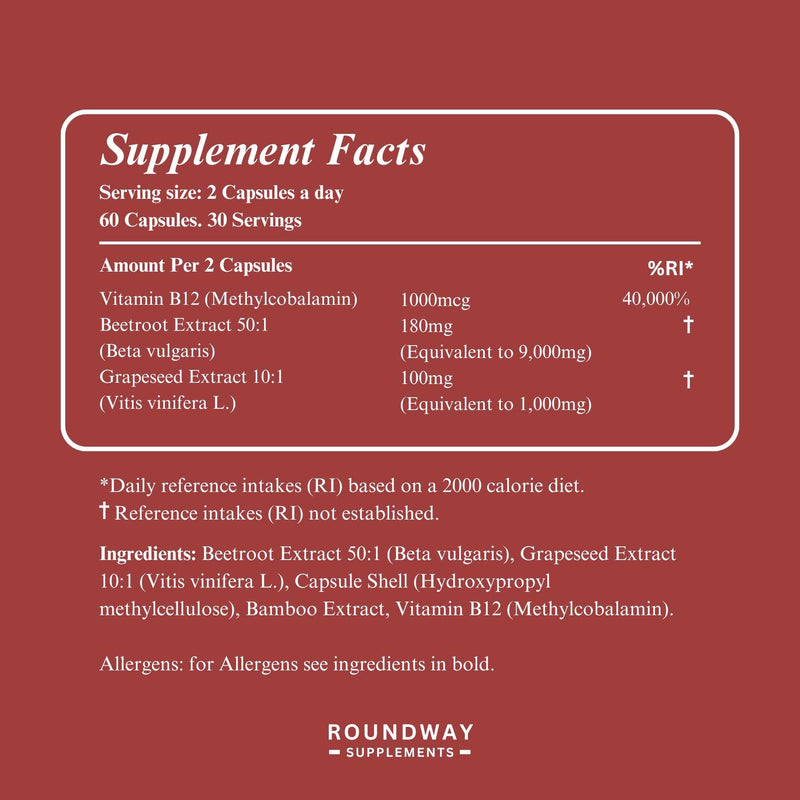 Beetroot Capsules with Vitamin B12 & Grape Seed Extract for Energy & Immunity + Nitric Oxide | High Strength 9000mg Beetroot, 1000mcg Methylcobalamin | 60 Capsules (2 Months) by Roundway Supplements