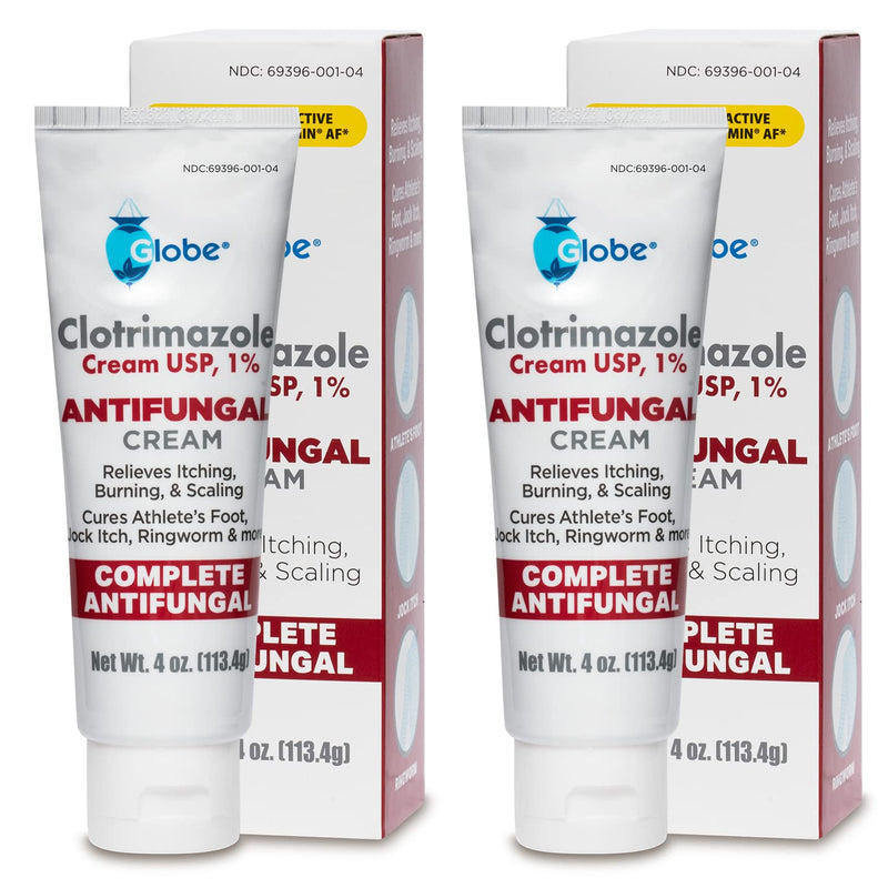 [Australia] - Globe Clotrimazole Antifungal Cream 1% USP, 4 oz (2 Pack), Anti Fungal Treatment, Relieves Itching, Burning, Cracking and Scaling Associated Athletes Foot, Jock Itch, Ringworm and More. (Total 8 oz) 