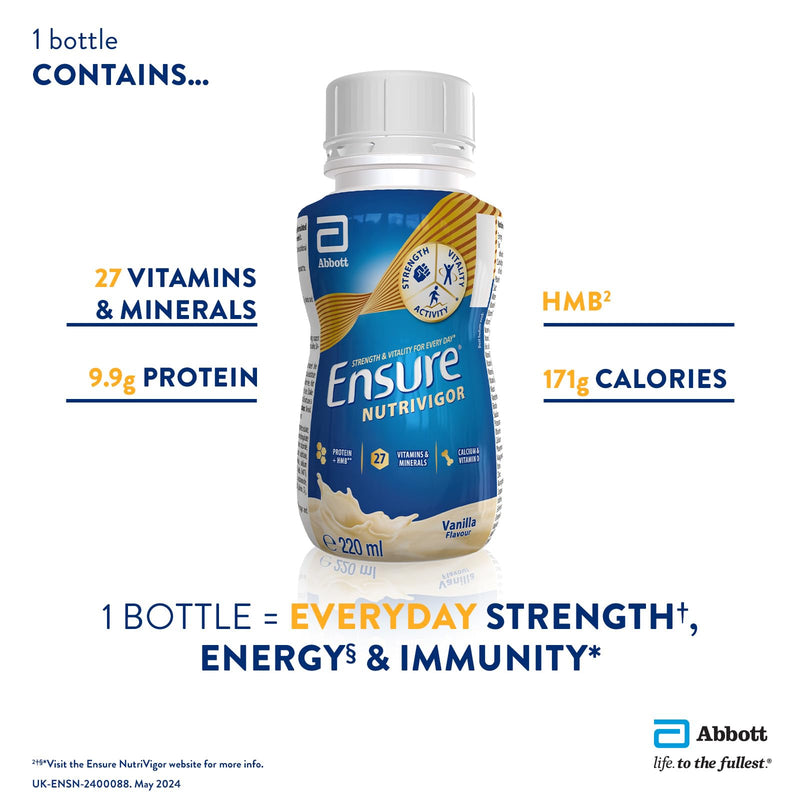 Ensure NutriVigor Nutritional Shake – Vanilla Flavour – 8 x 220ml – Boosts Energy – Ready-to-Drink – Food Supplement with Protein, HMB and27 Vitamins and Minerals Pack of 8