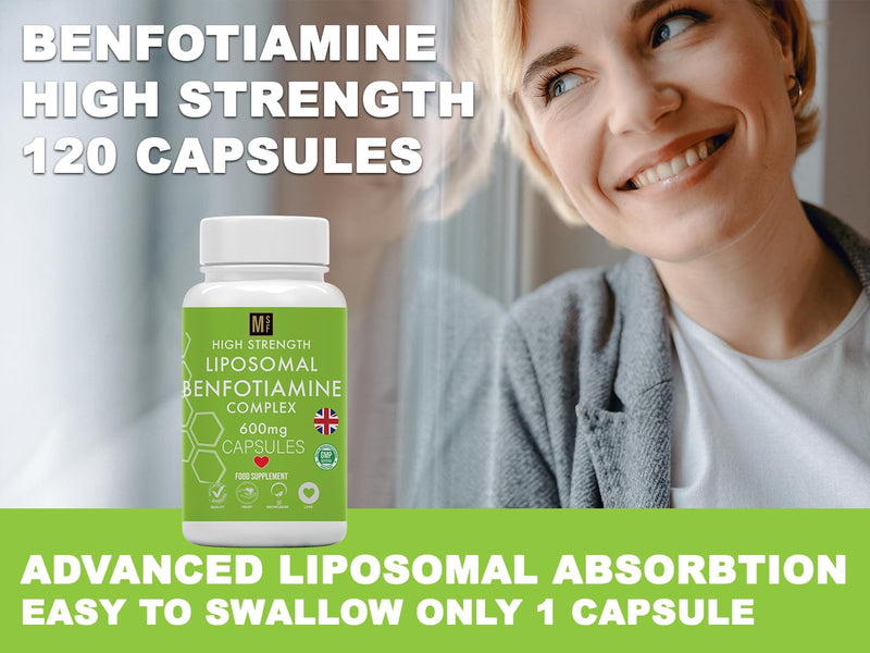 Benfotiamine and Thiamine B1 | High Strength 600mg | 1-A-Day, 4 Month Supply | 120 Vegan Capsules | Fat Soluble for Heart & Kidney | Eye & Nerve Repair, Liposomal Max Absorbtion Formula, All Natural