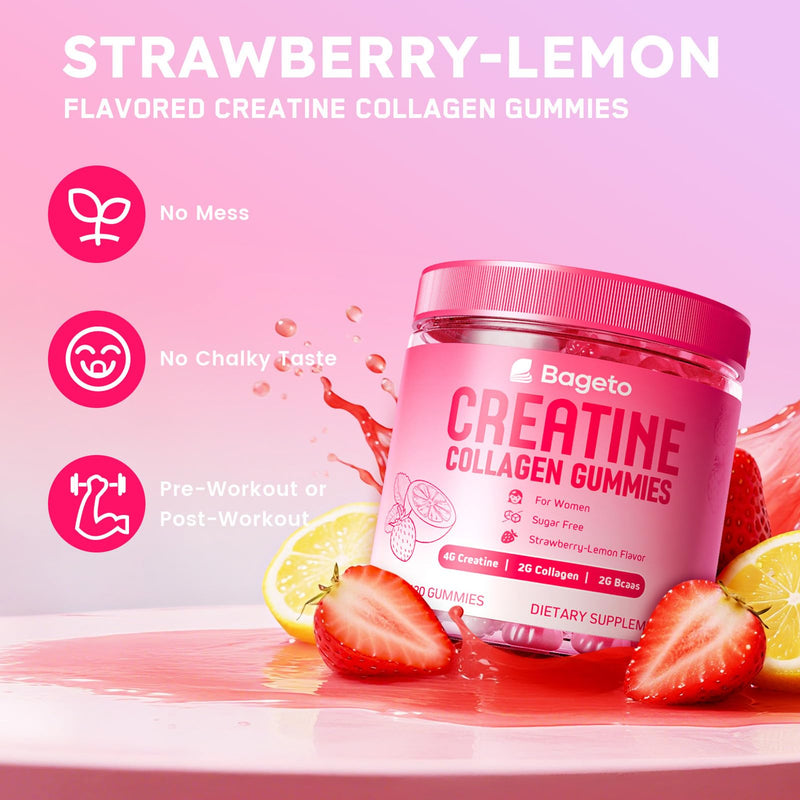 Creatine for Women + Collagen + BCAAs + Vitamin C & B12, 120 Sugar Free Creatine Gummies for Women, Creatine Monohydrate Gummies Pre Workout for Booty, Energy & Strength, Strawberry-Lemon Flavor