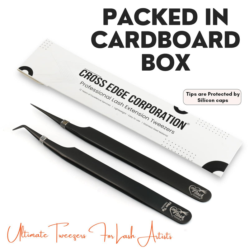 2Pcs Fiber Tip Lash Tweezers for Eyelash Extensions and Straight Isolation Tweezer Set – Professional Precision Fan Making, Mega Volume Boot Lashing, Classic & Mink Eyelashes, Black 2PCS SET Black Tweezers Set/Mlt07-3)