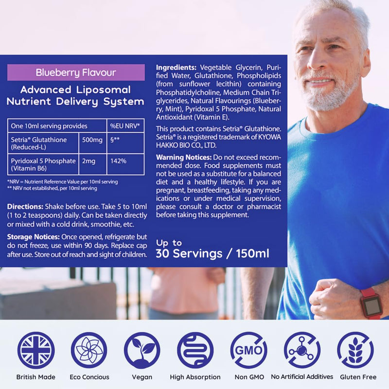 Pure Liposomal Glutathione 500mg – Setria® Liquid Glutathione Supplement with Vitamin B6 - Antioxidant Support for Skin Health & Detox | Vegan, 250ml – 50 Servings | Blueberry Mint 250 ml (Pack of 1)