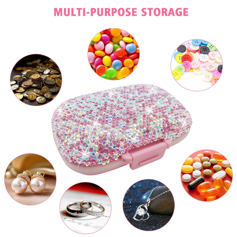 Bling Pill Case for Purse Medicine Vitamin Container Holder with Stickers | Pocket Pill Case Round Medicine Organizer for Vitamin/Fish Oils/Supplement Travel Medicine Kit 8 Compartment Pink