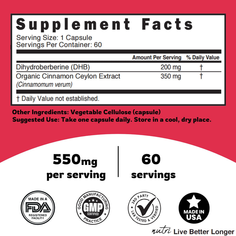[Australia] - Dihydroberberine Supplement 200mg 60 Capsules - With Ceylon Cinnamon - 5X More Effective Than Regular Berberine HCL - Super Berberine with Ceylon Cinnamon - Dihydroberberine with Ceylon Cinnamon 60 Count (Pack of 1) 