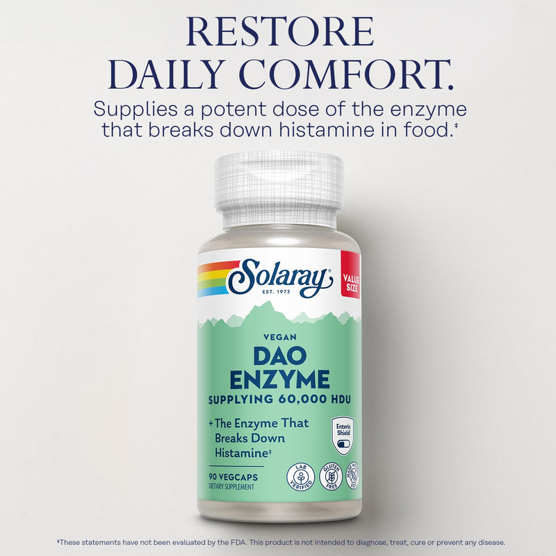 SOLARAY DAO Enzyme 60,000 HDU, 90 VegCaps | Histamine Digestion Support - Plant Based DAO Enzyme - Enteric Coated - 90 Servings - Vegan, Lab Verified 90 Count (Pack of 1)