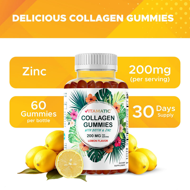 Vitamatic Hydrolyzed Collagen Gummies with Vitamin C, Zinc and Biotin, 200 mg - Healthy Skin Support - 60 Gummies (Pack of 2) 60 Count (Pack of 2)