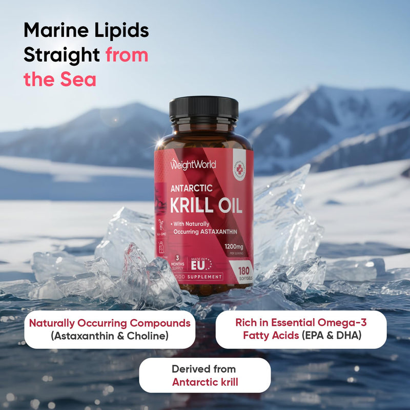 Antarctic Krill Oil Capsules - 1200mg - 3 Months Supply - 180 Softgels - Omega 3 Fatty Acids Supplements - Red Krill Oil Softgels Providing Astaxanthin, Marine Phospholipids, EPA, DHA & Choline