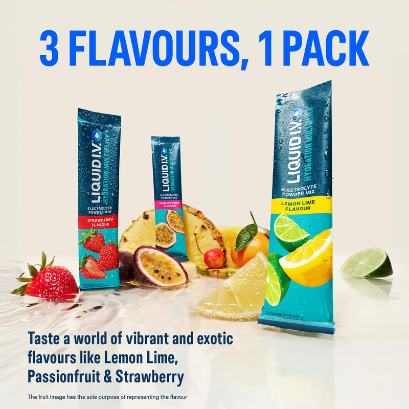 Liquid I.V. Hydration Multiplier Electrolyte Powder Pack, Lemon Lime, Passionfruit & Strawberry, Electrolytes With 7 Vitamins & Minerals For Fast Hydration & Energy, Vegan and Gluten Free, 18 Sachets Variety Pack 6 Sticks (Pack of 3)