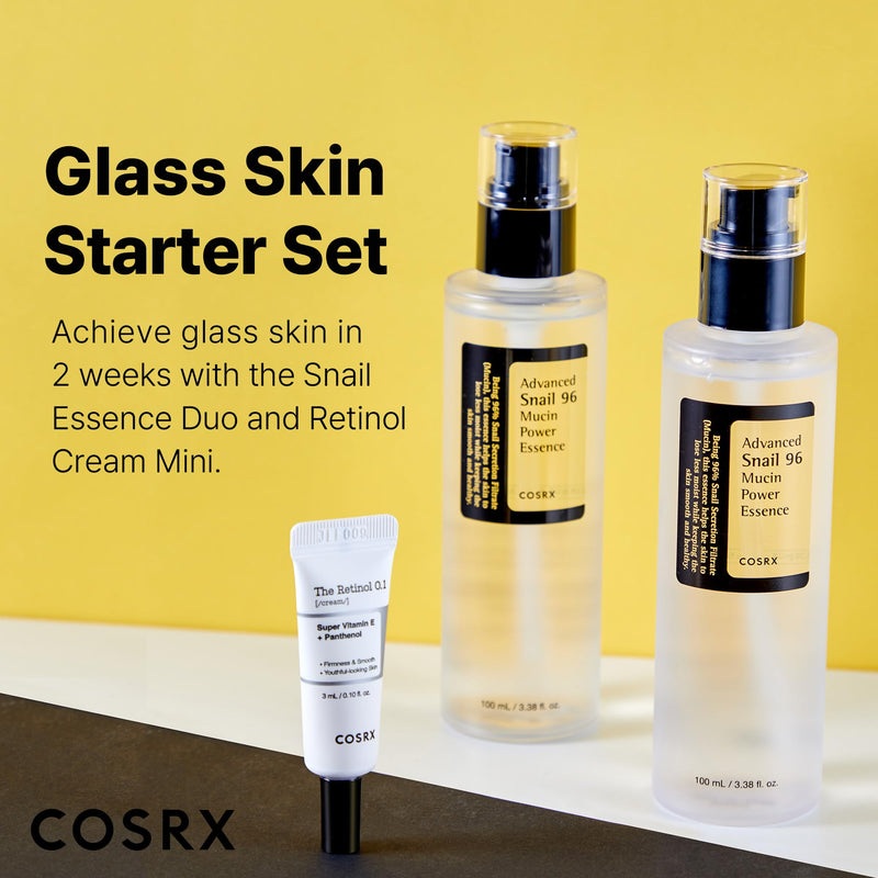 COSRX Glass Skin Korean Skincare Set- Advanced 96% Snail Mucin Serum (3.38fl oz * 2pcs) & Mini Sized 0.1% Retinol Cream for Face (0.1oz)- Korean Skin Care Gift Set, Anti Aging Set