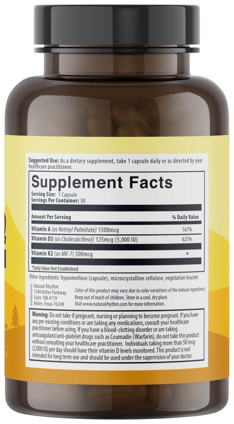 Natural Rhythm Vitamin D3 5000 IU + K2 MK-7 Plus Vitamin A – Bone & Immune Support Supplement, Supports Calcium Absorption & Cardiovascular Function, Vegetarian Capsules (30 Count)