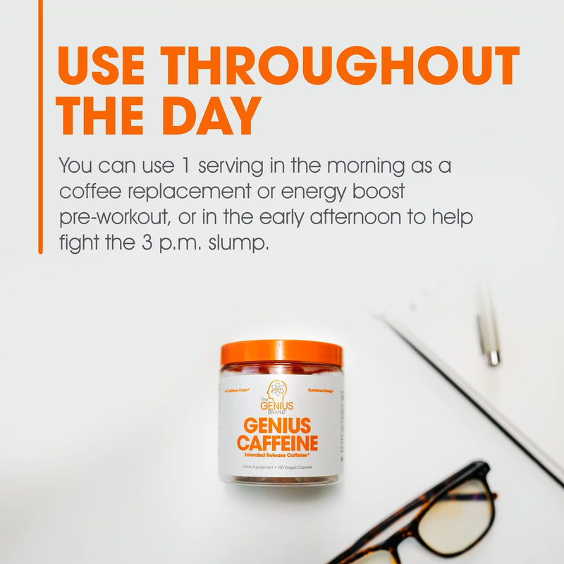 [Australia] - Genius Caffeine Pills 100mg, Extended-Release Microencapsulated Caffeine Pills - All-Natural Non-Crash Sustained Energy, Focus & Concentration Supplement - Nootropic Brain Booster - 100 Capsules 