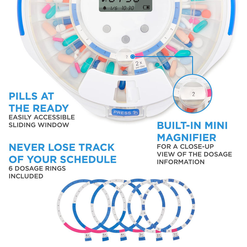 LiveFine Automatic Pill Dispenser with 28-Day Electronic Medication Organizer, 6 Dosage Rings, LCD Display with Sound & Light Alerts, Key & Magnifying Glass for Prescriptions, Vitamins & Supplements Clear Lid