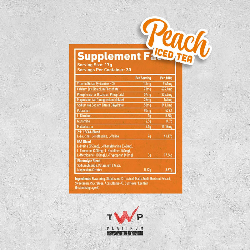 TWP Nutrition Platinum Series Endure, EAAs & BCAAs Electrolyte Blend Pre, Intra and Post Workout, Zero Sugar, 510g and 30 Servings, 20 Great Flavours (Peach Iced Tea) Peach Iced Tea