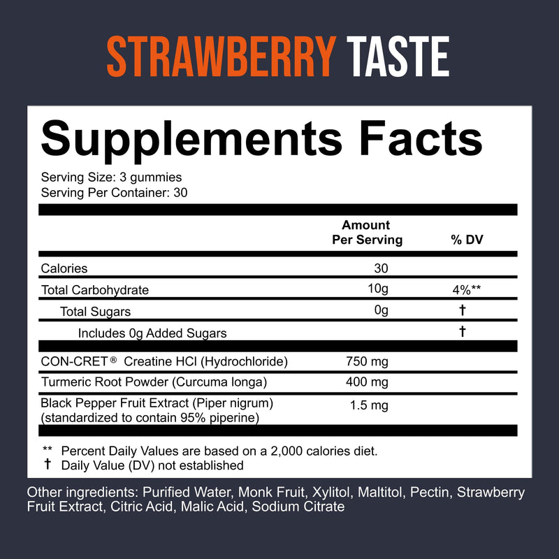 [Australia] - Creatine HCL Gummies 750mg, Chewable Gummies for Men & Women, Sugar-Free, Vegan, HCL Creatine for Active Lifestyle, Strawberry Flavor, 90 Count 90 Count (Pack of 1) 