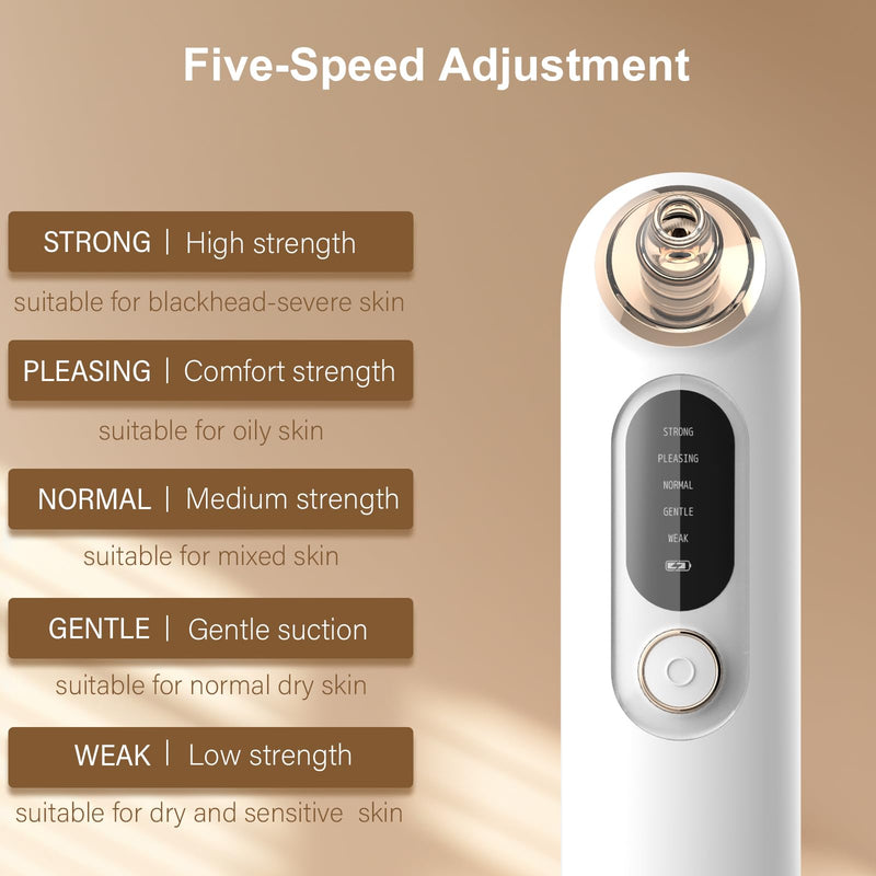 Blackhead Remover Pore Vacuum Kit for Face, 5 Adjustable Suction Levels Blackhead Extraction Tool, Face Suction Pore Cleaner with 4 Suction Heads, 4 Probes for Women & Men (White) White