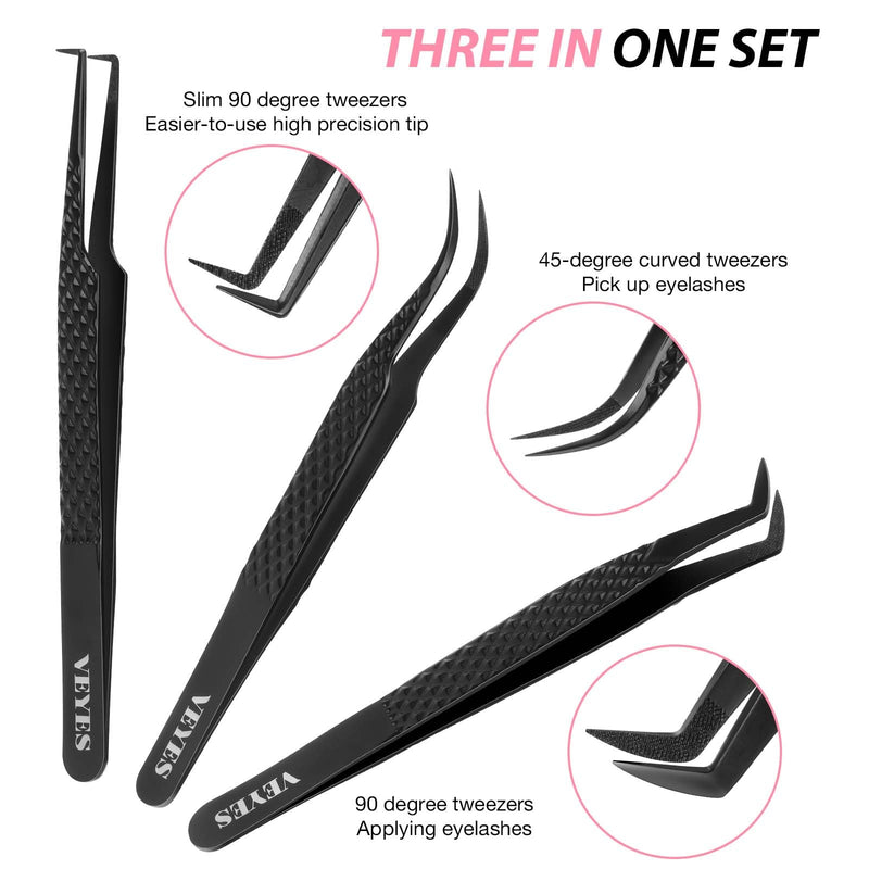 VEYES INC Lash Tweezers for Eyelash Extensions,Fiber Tip Tweezers Kit for Individual Classic and Volume Lash,3PCS Stainless Steel Lash Tweezers-Black Noir KIT