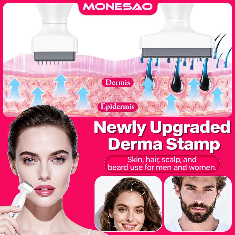 [Australia] - Derma Stamp, MONESAO Microneedling Stamp for Skin Face Hair Scalp Beard, Microneedle Dermastamp Tool with 2 Replacement Heads, Micro Needling Stamp Kit for Women and Men 