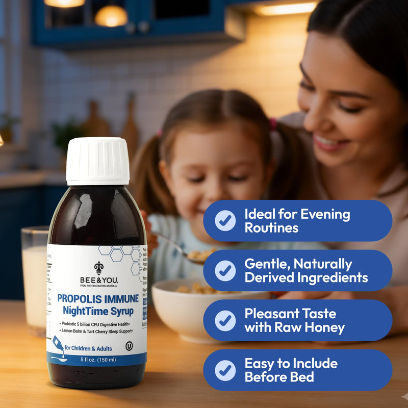 Bee and You Propolis Immune Nighttime Syrup with Probiotic & Vitamin C – Immune & Digestive Support, Healthy Sleep & Gut Health, Antioxidant Rich, 150 ml