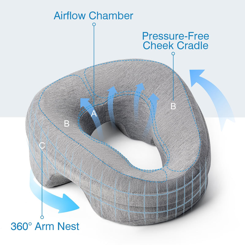[Australia] - Face Down Pillow for Bed, Massage Headrest Face Pillow After Eye Surgery, Memory Post-Eye Recovery or Beach Tanning, Prone Sleepers with Breathable Design, Removable Grey Cover(Light Gray) Light Gray 