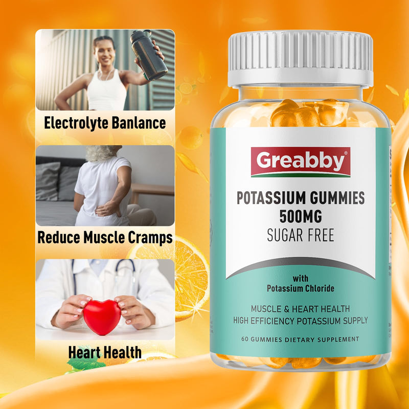 [Australia] - Potassium Gummies 500mg for Adults, 60 Servings, Sugar-Free Potassium Chloride Gummies, Heart Health & Muscle Relief for Women Men, Electrolyte Balance Boost, Efficient Potassium Supply 1 