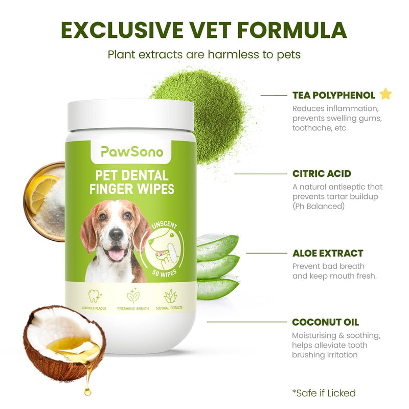 [Australia] - Dog Teeth Cleaning Wipes, Fresh Breath Pet Dental Finger Wipes for Dogs & Cats, Dog Dental Wipes Teeth Wipes, Lick-Safe Pet Toothbrus for Easy Removal of Tartar Buildup, Unscented - 50 PCS 