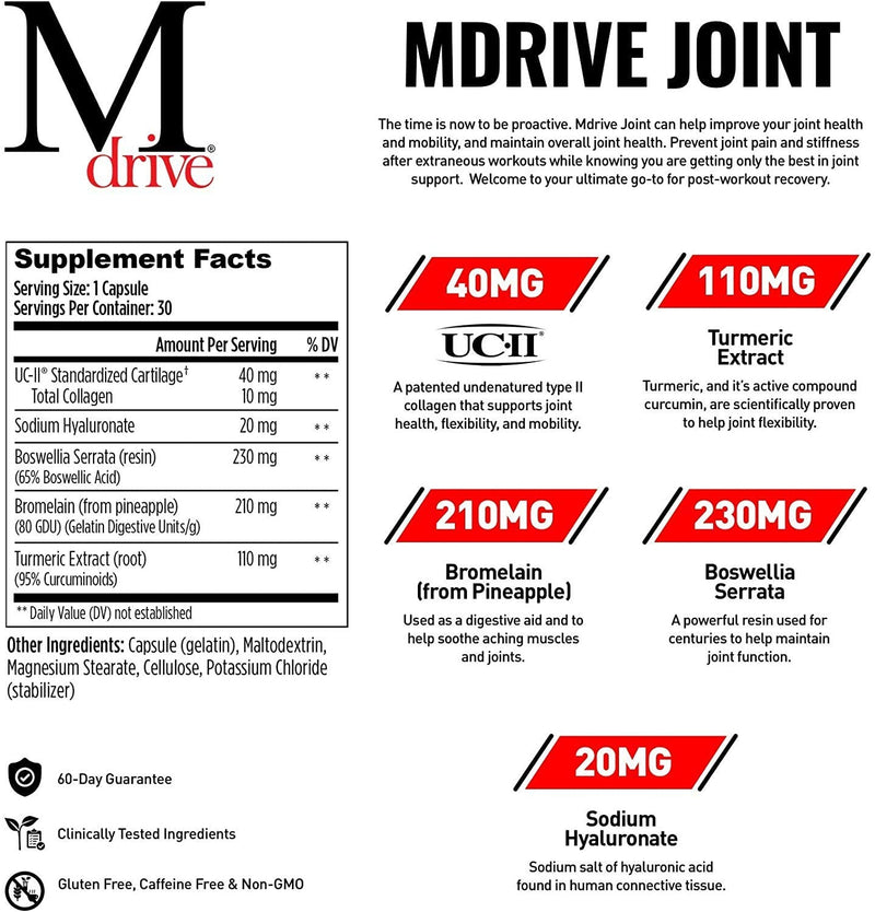 [Australia] - Mdrive Joint Support Supplement for Men - Supports Healthy Joint Function, Flexibility, Comfort & Mobility - Features UC-II Collagen, Turmeric Curcumin & Sodium Hyaluronate from Hyaluronic Acid, 30ct 