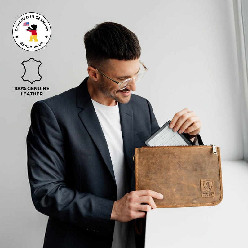 BERLINER BAGS Vintage Genuine Leather Padfolio For Men Theo XL - Brown | Leather Folder Portfolio, Compact Document Sleeve, Fits Slim Documents & Essentials Walnut XL