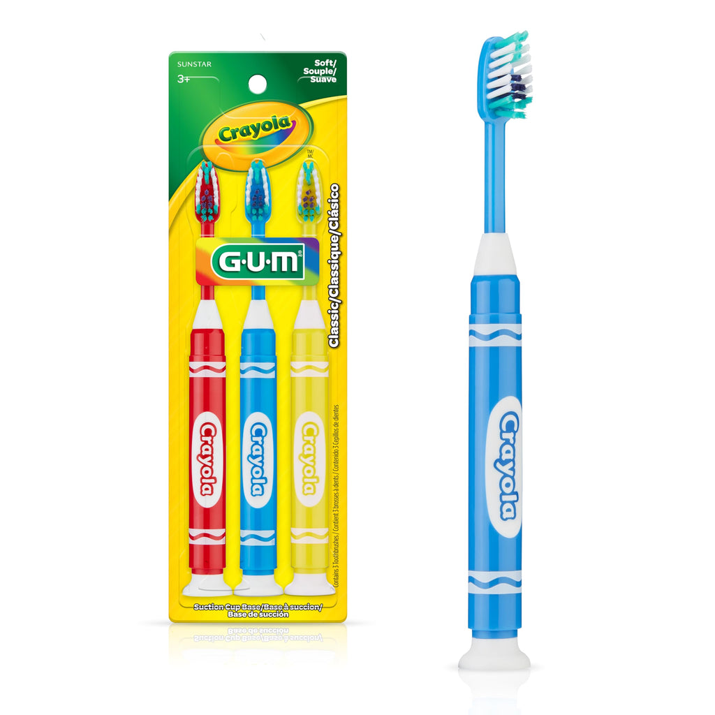 GUM Crayola Marker Children’s Toothbrush, Soft Bristled Kids’ Toothbrush Set Age 5+, Suction Cup Base, 3ct