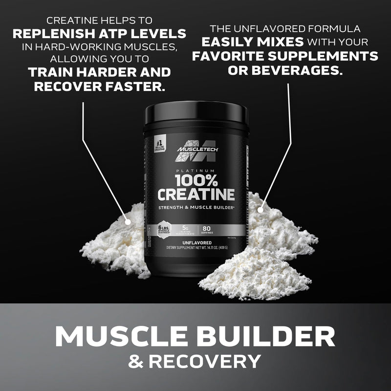 [Australia] - Creatine Monohydrate Powder MuscleTech Platinum Pure Micronized Muscle Recovery + Builder for Men & Women Workout Supplements Unflavored (80 Servings) 80 Servings (Pack of 1) 