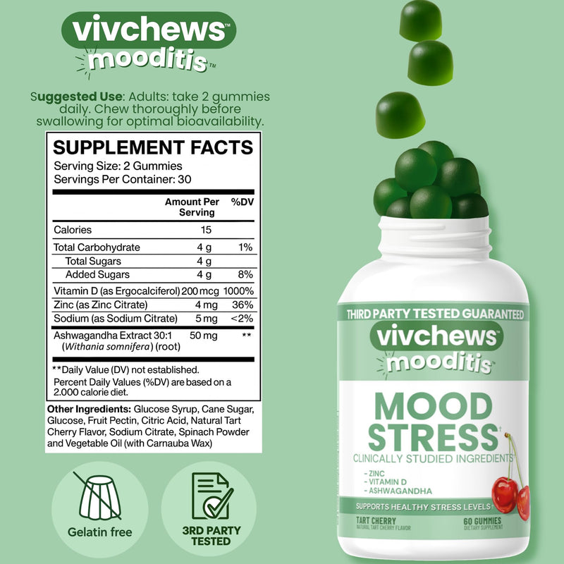 Mood & Stress Gummies – Zinc, Vitamin D & Ashwagandha for Calm & Emotional Balance, Natural Tart Cherry Flavor, Fruit Pectin Based, Non-GMO, No Artificial Colors or Sweeteners, 60 Count