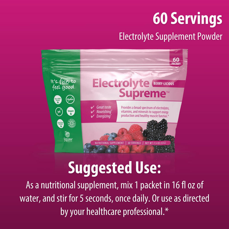 Jigsaw Health Electrolyte Supreme | Broad Spectrum of Electrolytes + Trace Minerals | Berry-Licious Flavor | 60 Servings (Packets)