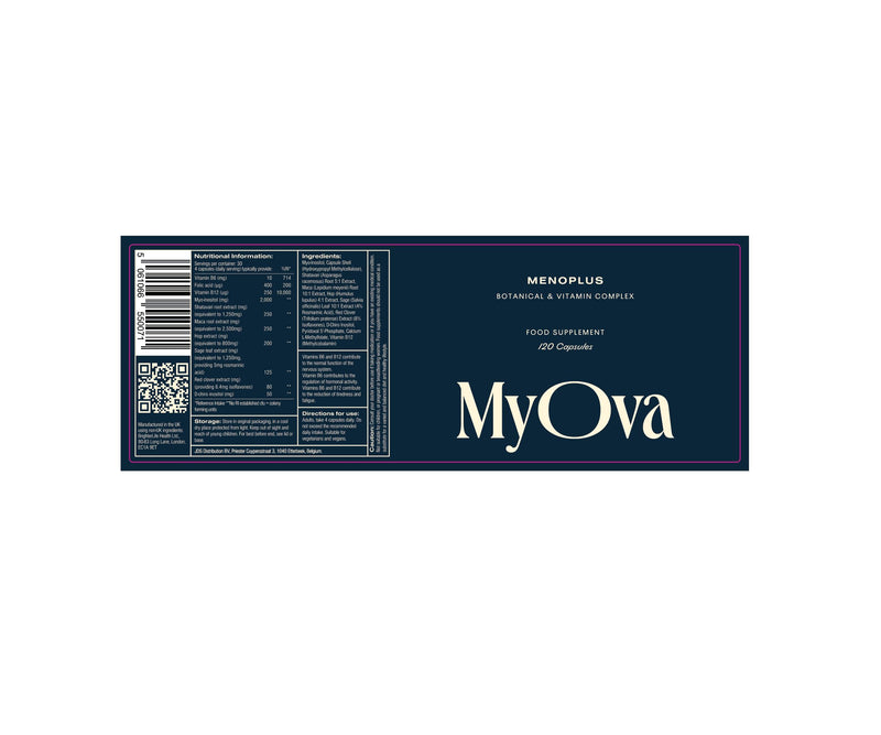 MyOva MenoPlus - The First Menopause Supplement for Women with PCOS - 2000mg Myo-Inositol, 400ug Folic Acid, 10mg Vitamin B6 and 250ug Vitamin B12-120 Vegan Capsules - UK Manufactured